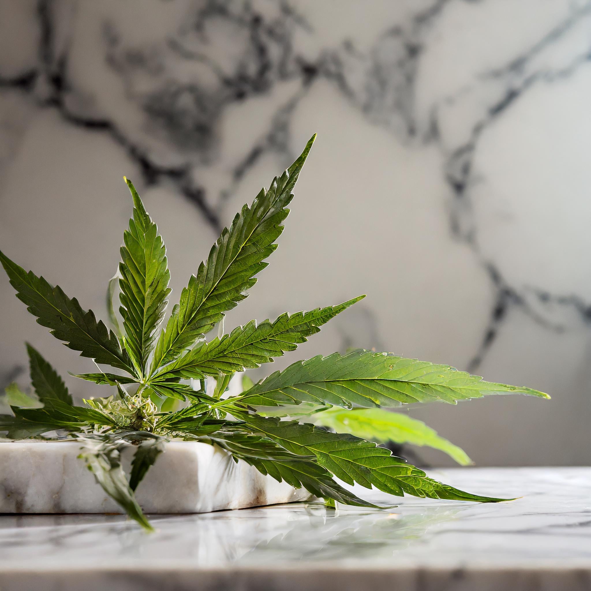 CBD_leaves_on_a_marble_counter_top_with_a_white_background_20704