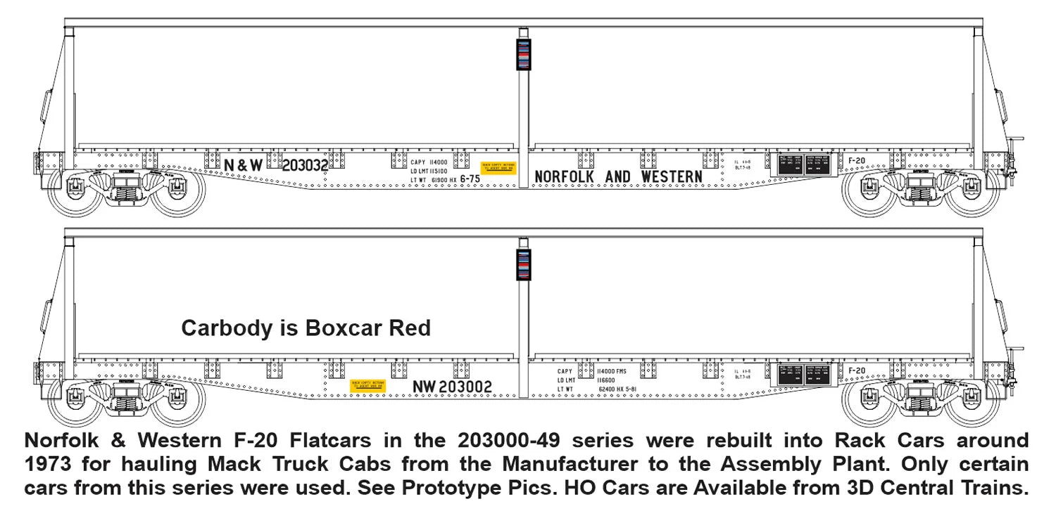 F-495 – Norfolk & Western F-20 53′ Flatcars w/racks for Mack Cab loading