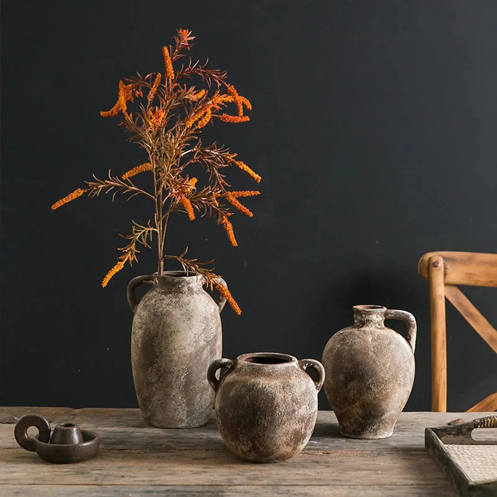 Ceramic Vase Retro Wabi Sabi Pottery Handmade Distressed Flower Vase Plant Container for Entryway Dining Room Bookshelf Rustic - Confia