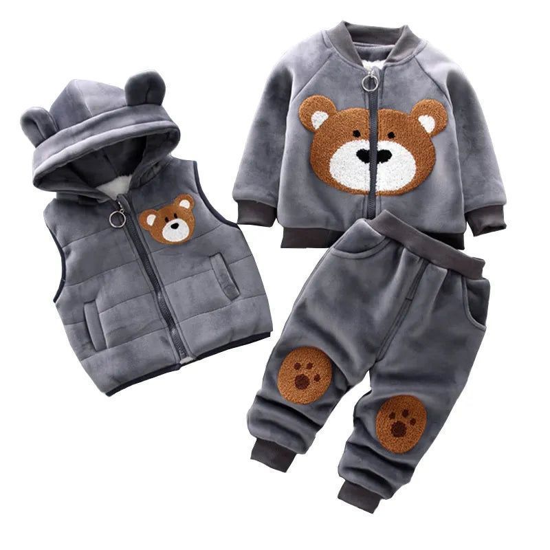 Winter Children Clothing Set Baby Girls Cartoon Thick Fleece Hoodies Vest Pants 3pcs Sports Suits Boy Casual Warm Outfits