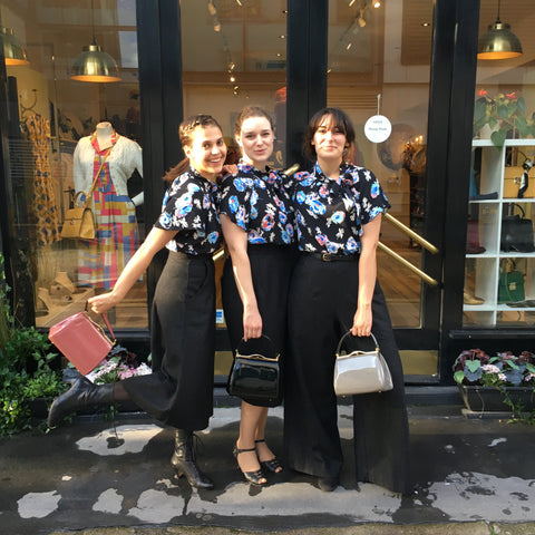 blue floral print side tie blouse and charcoal separates 