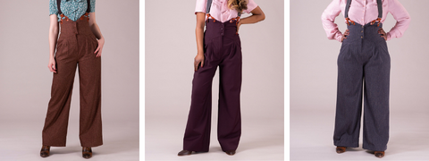 Three images of high waist 1940s style trousers in cinnamon, plum and grey