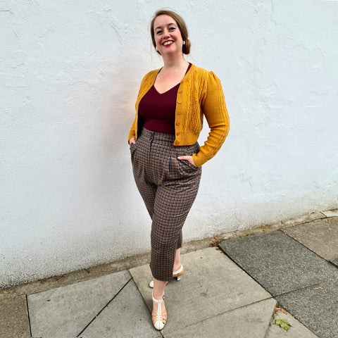 vintage inspired cropped trousers worn with 1940s style cardigan