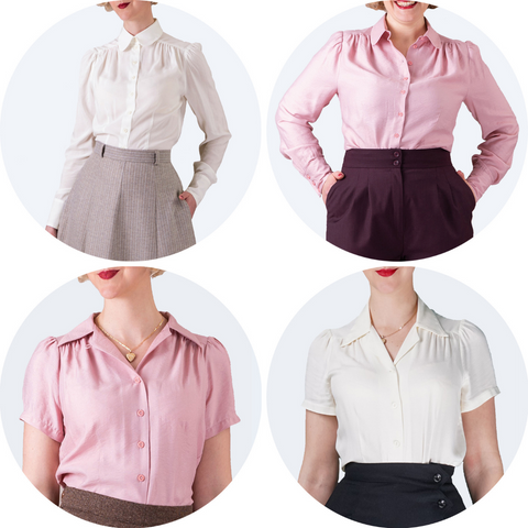 Two long sleeved shirts and two short sleeved blouses, each with one in pink and one in cream, shown in circular images.