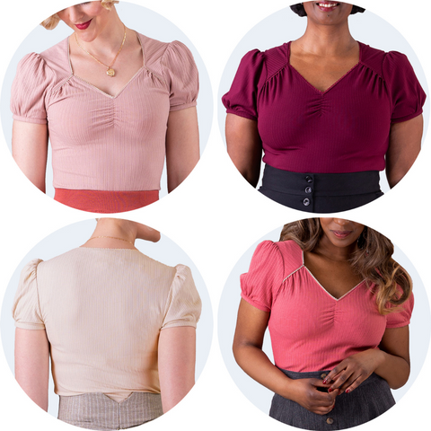 Four sweetheart neckline tops in Rose, Burgundy, Antique White (shown from behind) and Peach