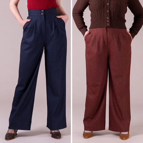 Trousers modelled from waist down in navy and rust