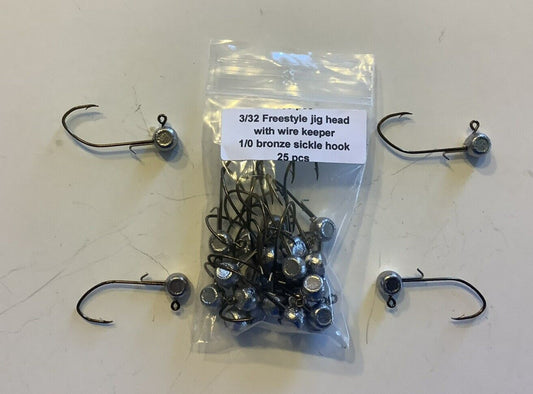 3/32 oz with wire keeper freestyle jig heads with a 1/0 bronze sickle – M &  C's Handcrafted Jigs & Lures
