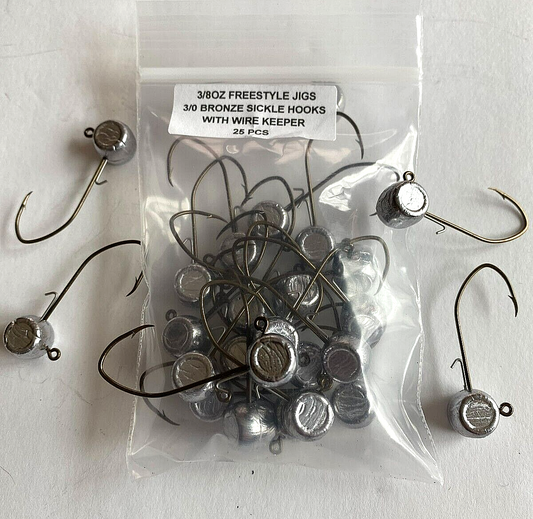3/32 oz with wire keeper freestyle jig heads with a 1/0 bronze