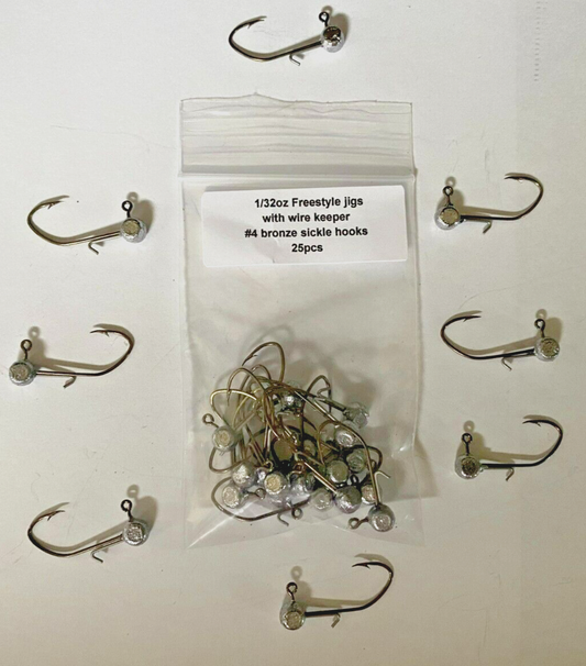 1/2 oz w/ keeper freestyle jig heads with a 3/0 bronze sickle