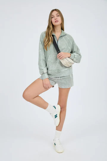 WASHED HALF ZIP FRONT POCKET LONG SLEEVE KNIT TOP Blu Pepper