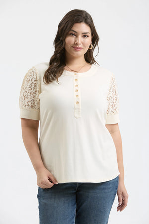 Blu Pepper Plus Lace Puff Sleeve Half-Button Knit Top – Elegant & Curvy Style - B7 Boutique 