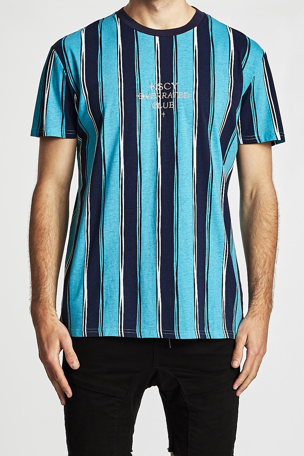 Kiss Chacey MENS OVERRATED CLUB RELAXED FIT TEE SHIRT NAVY-TEAL STRIPES |  Elwood 101