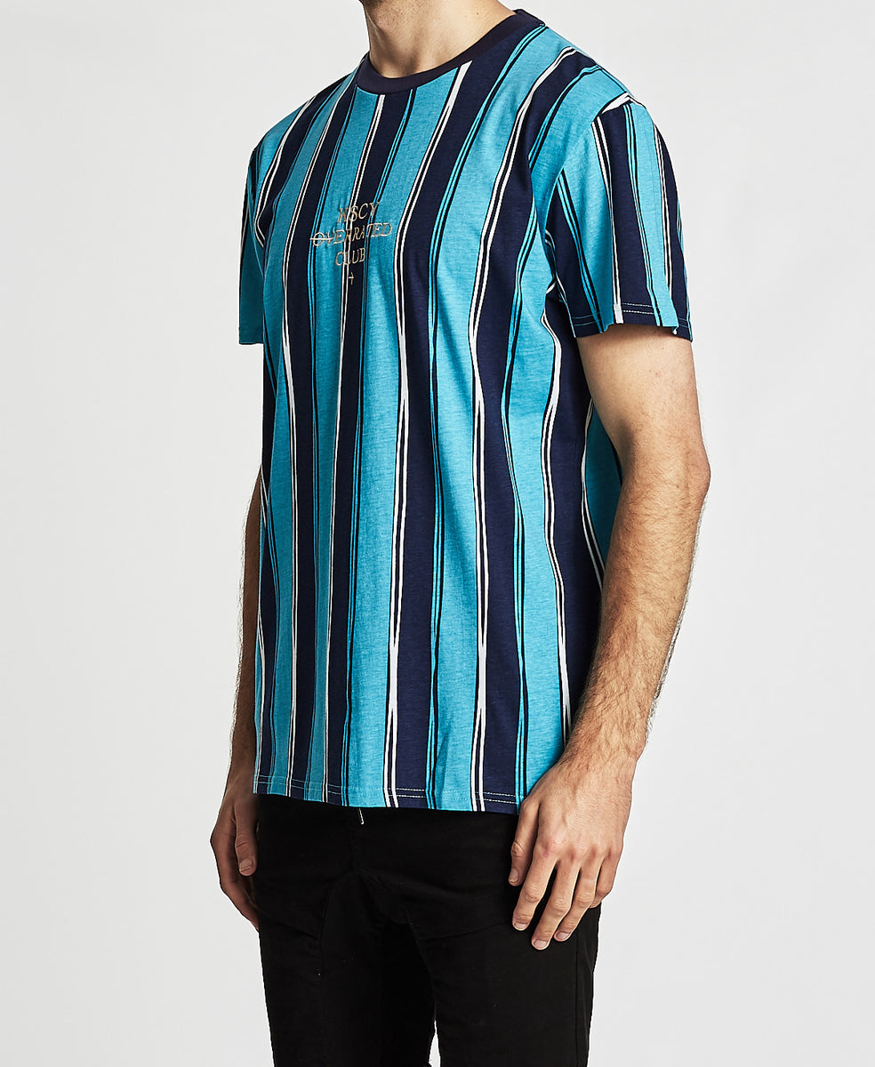 Kiss Chacey MENS OVERRATED CLUB RELAXED FIT TEE SHIRT NAVY-TEAL STRIPES |  Elwood 101