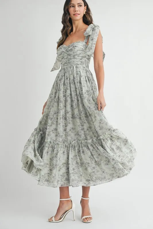Floral Bust Ruched Midi Dress with Shoulder Tie