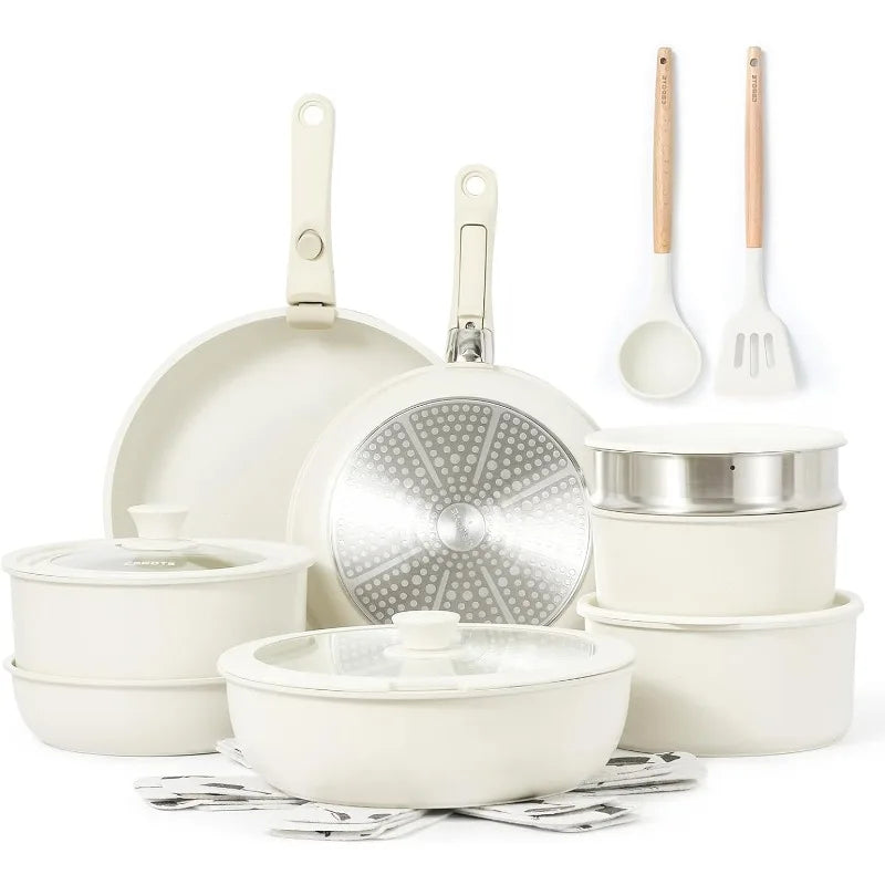 CAROTE 21pcs Detachable Handle Pots and Pan Set, Nonstick Induction Cookware, Removable Handle, Oven Safe Cookware, Cream White