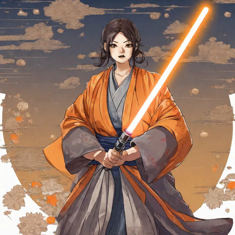 Kashi Seijin trägt ein orangefarbenes Lichtschwert