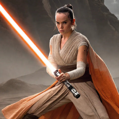Rey Skywalker trägt ein orangefarbenes Schwert