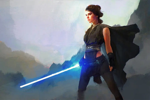 Rey holding a lightsaber