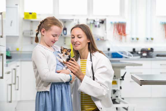 young girl with cat in a veterinarian office