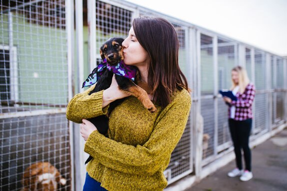 woman kissing a puppy at a pet shelter