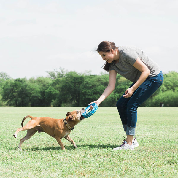 a lady playing outside with her dog with a Chuckit! Fetch Wheel