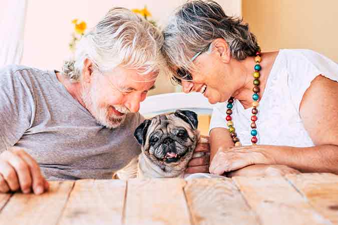 an older, happy couple sitting at a table with their dog sitting in the middle of them