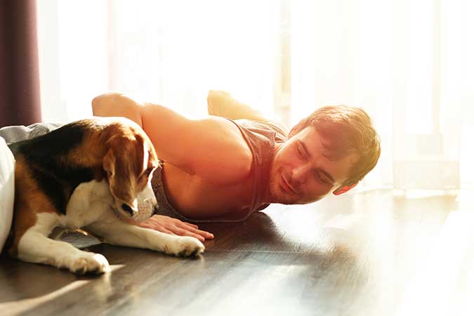 a man and a beagle dog looking at eachother while the man is in a yoga pose