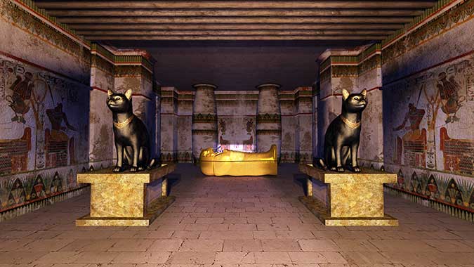 an Egyptian Tomb with cat statues