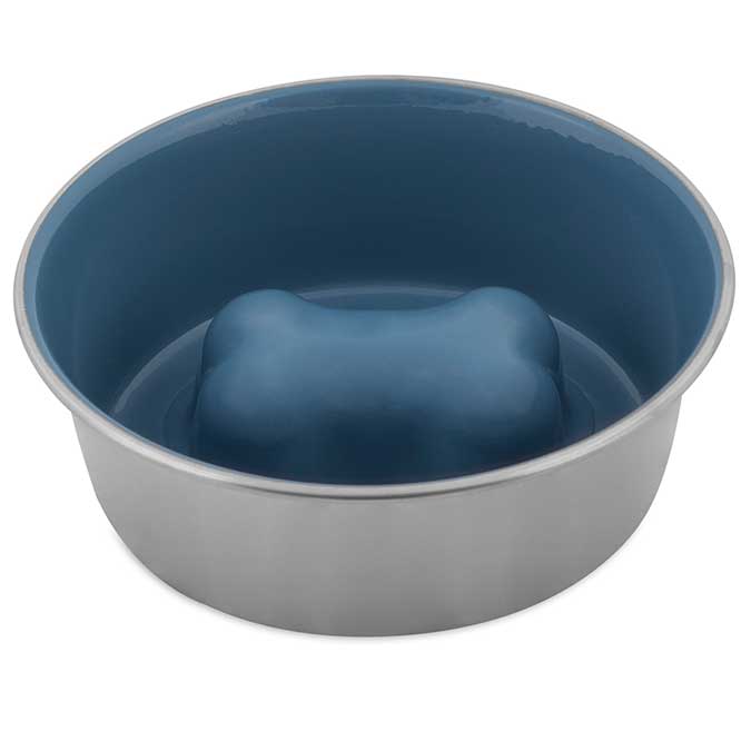 A product image of a Petmate Slow Feeder Dog Bowl with a Bone in the middle