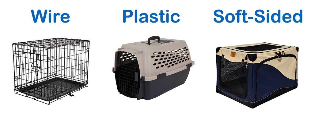 an image of a wire crate, plastic crate, and soft-sided crate for puppies