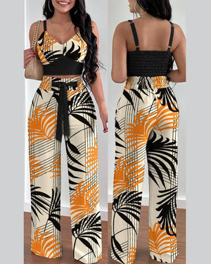 Two Piece Sets Womens Outifits Summer Fashion Printed Suspenders V Neck Sleeveless Crop Top & Casual Wide-Leg Long Pants Set - ADDISTORE