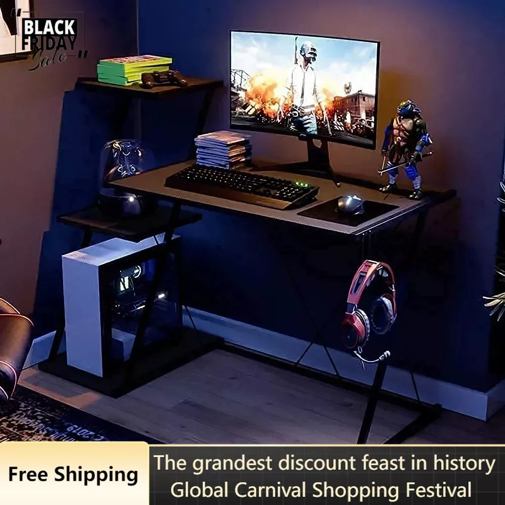 51'' Gaming Desk With 3-Tier Open Shelf Come With Headset Hook in Black Reading Desk Accessories Office Computer Desks Table