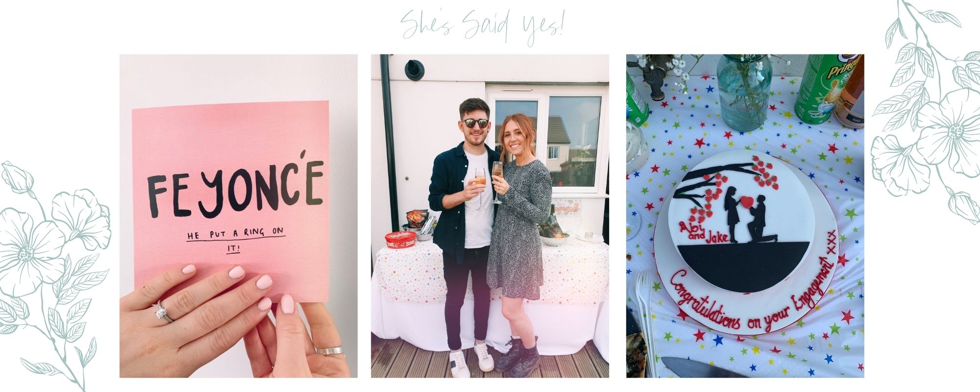 Three photographs of Abi and Jakes surprise engagement party. The first showing abi's ring and a car, the middle is the pair both holding a glass of Prosecco and the third is of a bespoke engagement cake.