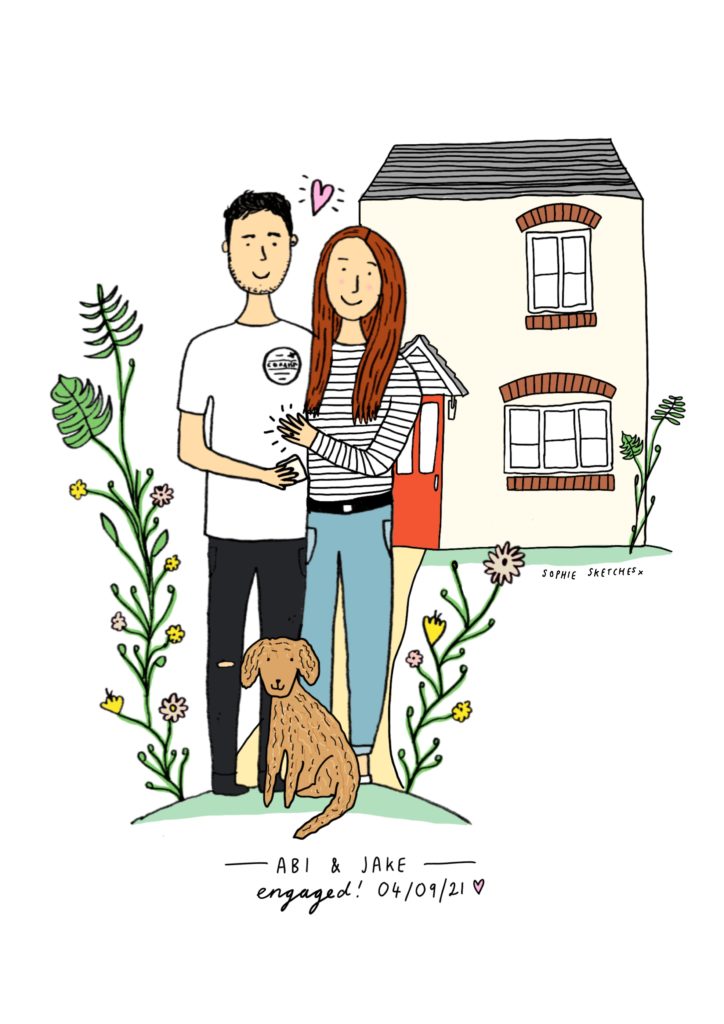 A Sophie Sketches illustration of Abi and Jake stood outside their first home with their cockapoo puppy and Abi showing off her engagement ring. Illustration by Sophie Sketches