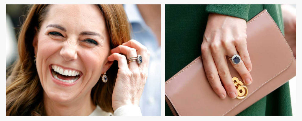 Collage of the Princess of Wales, Catherine Middleton, with her engagement ring - a blue sapphire halo which once belonged to her husbands mother, Diana