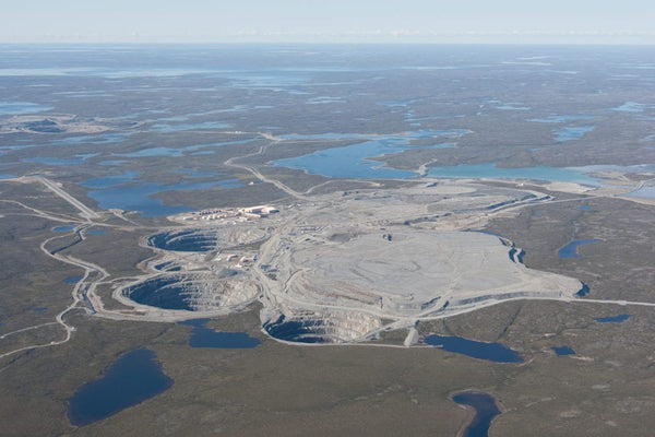 Ariel photograph of the Ekati mine and sister mine Diavik, located 210 kilometres (130 miles) south of the Arctic Circle, are now old, tired and running out of diamonds; they will likely both close soon.