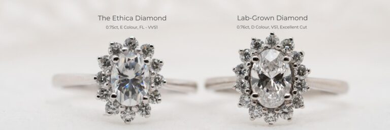 two identical halo engagement rings photographed side by side, one set with a moissanite (left) and the other with a lab diamond (right)