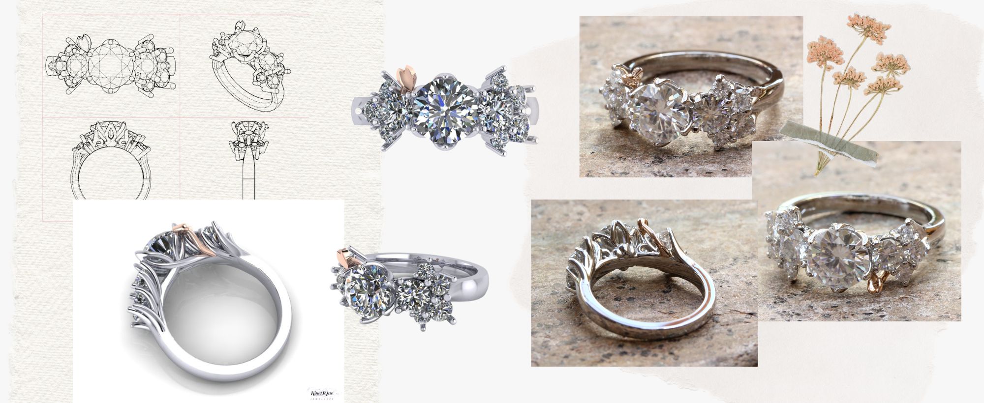 Graphic of digital renders, photographs and sketches of a flower inspired bespoke engagement ring.