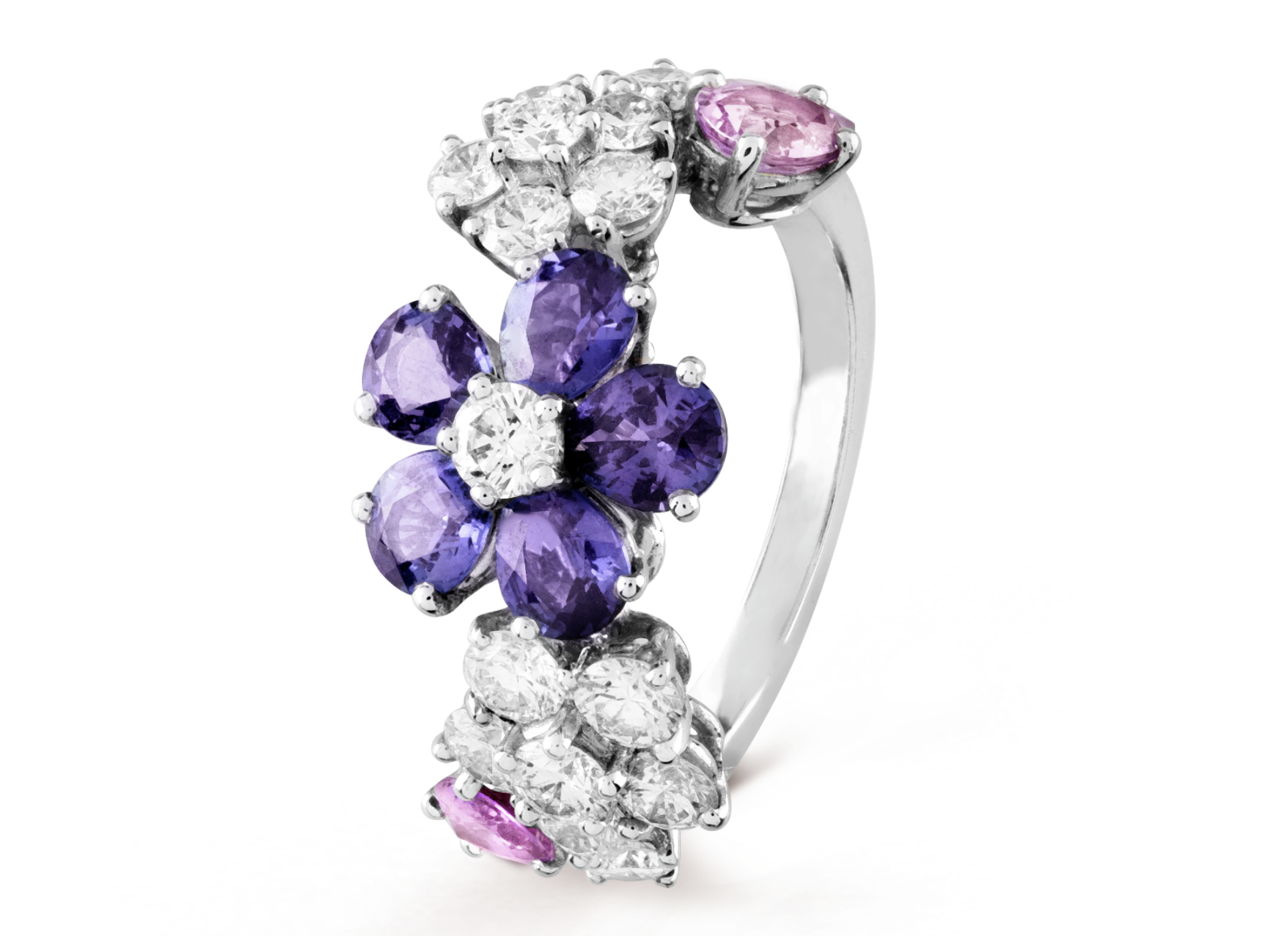 Digital render of Folie des Prés ring from Van Cleef & Arpels, a multi-stone ring creating three lab diamond and purple sapphire flowers.