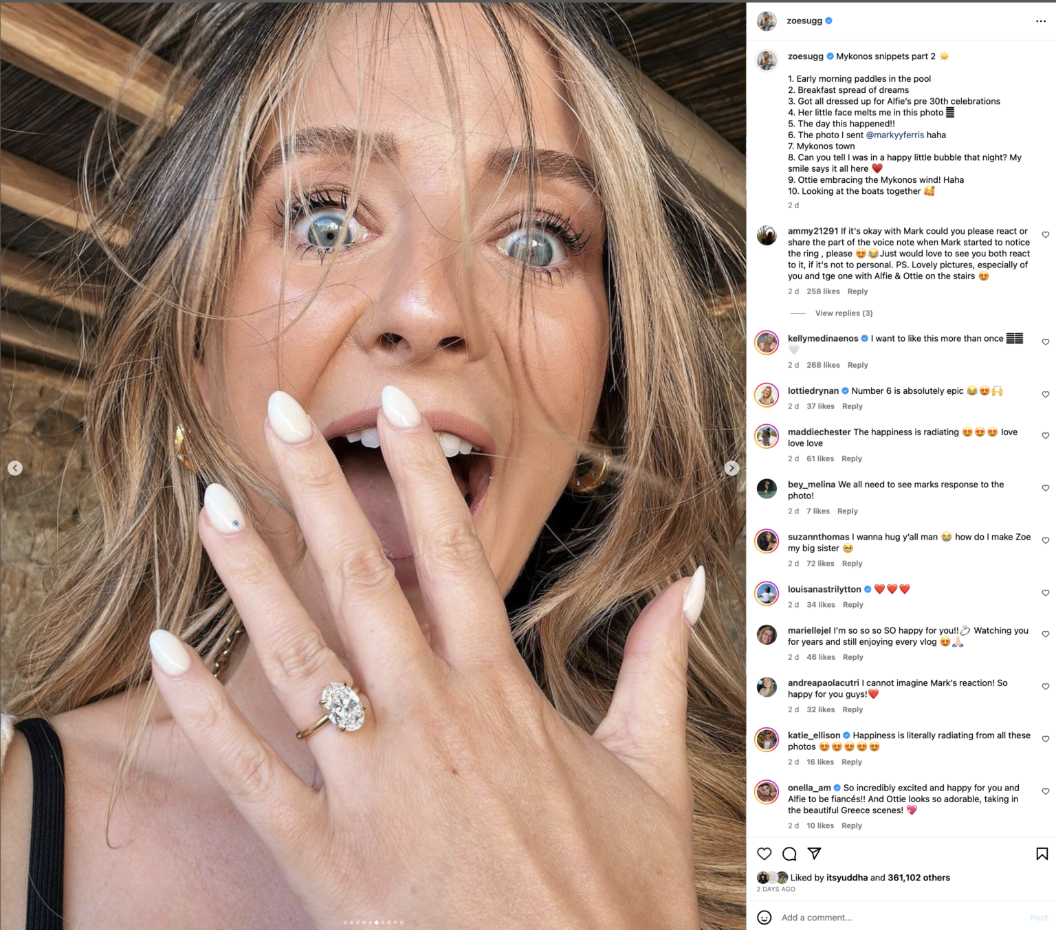 Zoe Sugg showing her engagement ring to the camera on her hand