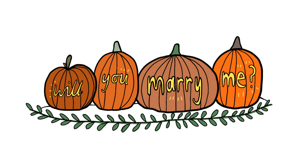 Illustration of four pumpkins with the words 'will you marry me?' carved in them.