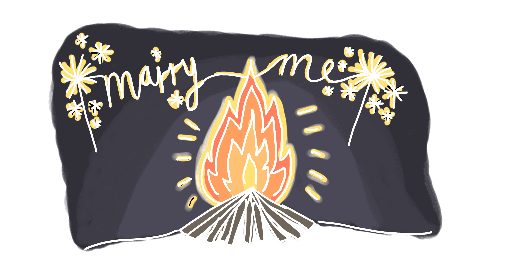 Illustration of a bonfire against the night sky with 'Marry Me?' written in white with two sparklers either side. Dark purple night background and stars/sparkles are dotted around.