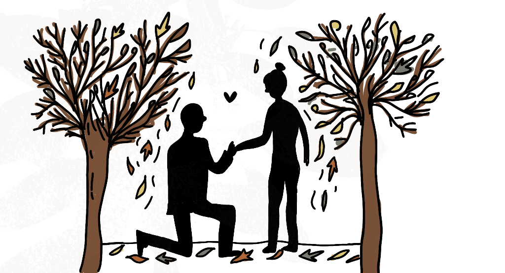 Illustration of man down on one knee proposing to his girlfriend. Autumn tree's are either side with leaves falling down around them.