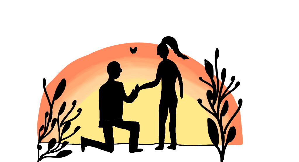 Illustration of the silhouette of a man down on one knee proposing to his girlfriend, against a sunset background.