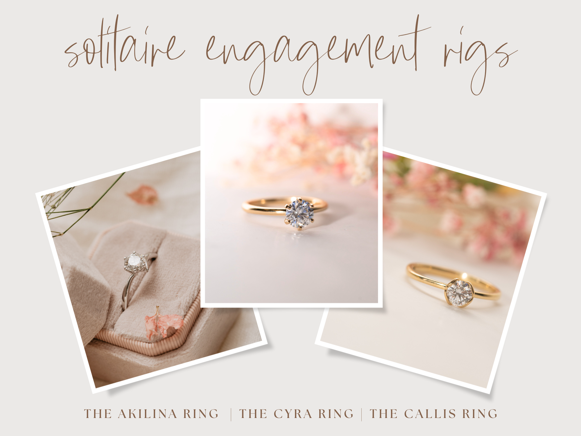 graphic showing three different solitaire engagement ring styles