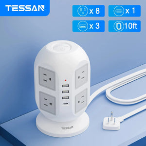TESSAN Tower Surge Protector Power Strip with 8 Outlets 3 USB Ports 1 Type C - urgentneedsshop