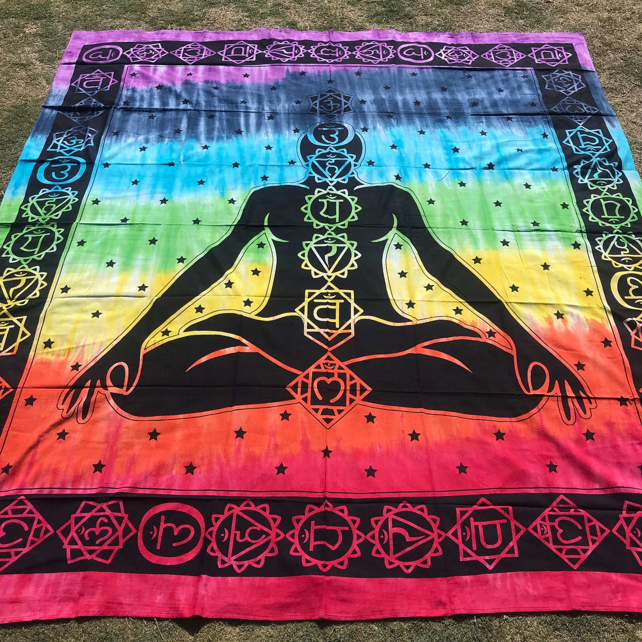 7 Chakra Tie Dye Tapestry - Purple, Blue, Green, Yellow, Orange, Red, Black, 7’ X 8’