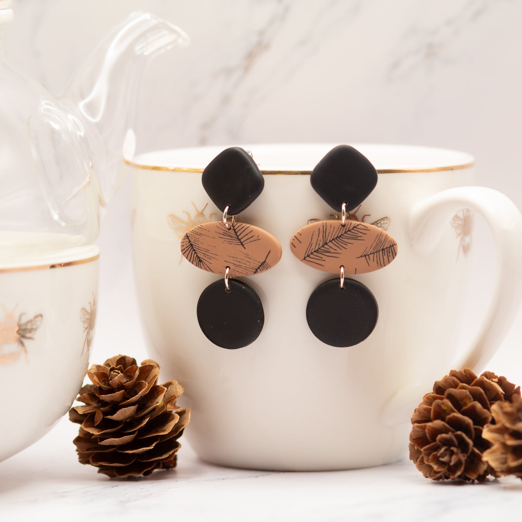 Black and Walnut Ovals with Circles | Screen Printed Fall Branches | Drop Earrings