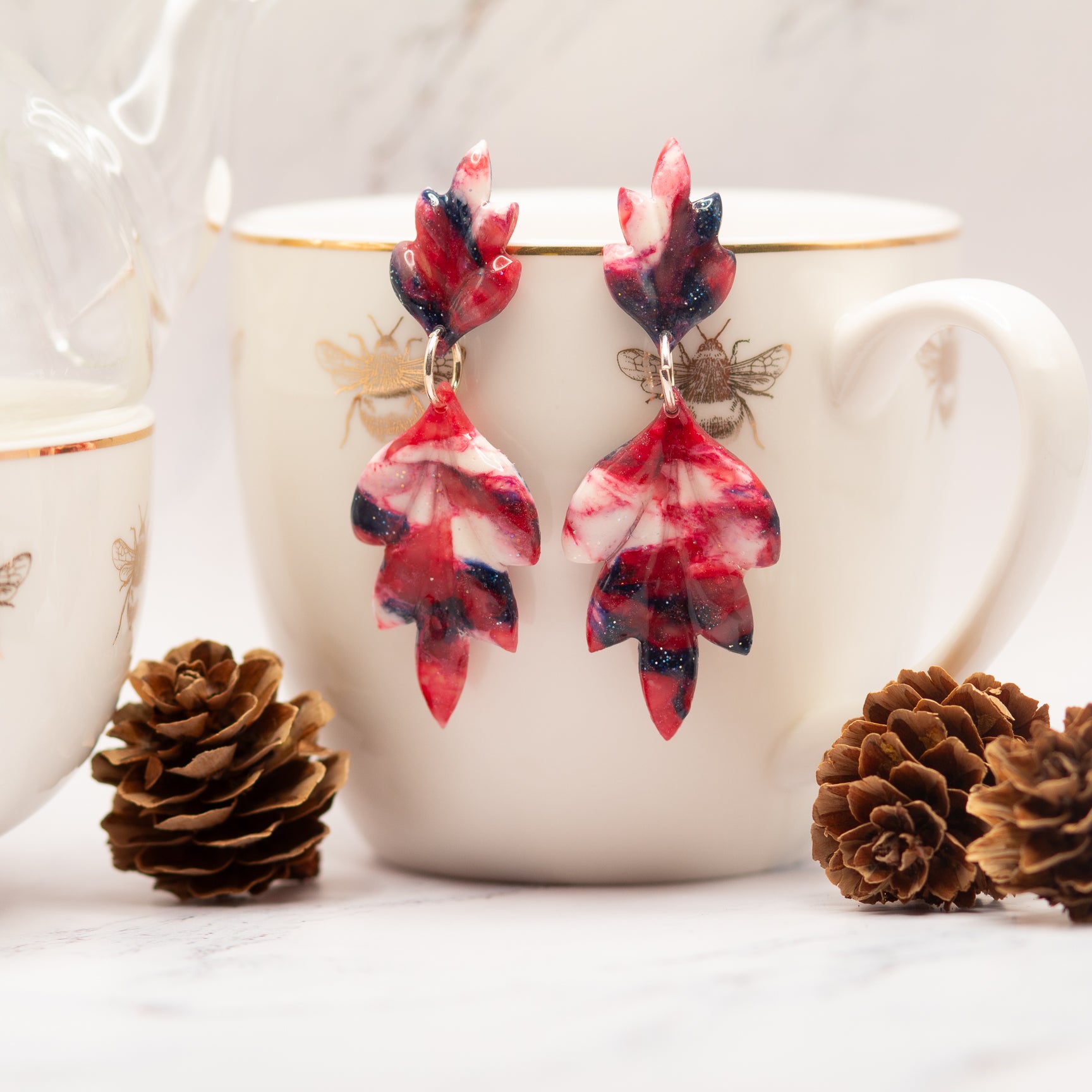 Glossy Marbled Red, White, and Blue Rounded Leaves | Resin Coated | Silver Hardware | Drop Earrings