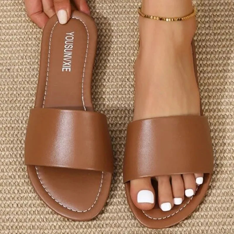 Women Single Band Slides Faux Leather Elegant Sandals Summer Slides Outdoor Sandy Beach Slippers Women Shoes